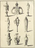 An illustration from Le cabinet de la Bibliotheque de Sainte Genevieve : divisé en deux parties : contenant les antiquitez de la réligion des chrétiens, des Egyptiens, & des Romains; des tombeaux, des poids & des médailles; de monnoyes, des pierres antiques gravées, & des mineraux ... (1692)