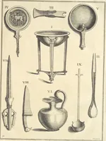 An illustration from Le cabinet de la Bibliotheque de Sainte Genevieve : divisé en deux parties : contenant les antiquitez de la réligion des chrétiens, des Egyptiens, & des Romains; des tombeaux, des poids & des médailles; de monnoyes, des pierres antiques gravées, & des mineraux ... (1692)