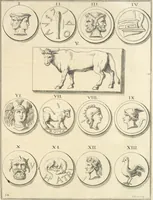 An illustration from Le cabinet de la Bibliotheque de Sainte Genevieve : divisé en deux parties : contenant les antiquitez de la réligion des chrétiens, des Egyptiens, & des Romains; des tombeaux, des poids & des médailles; de monnoyes, des pierres antiques gravées, & des mineraux ... (1692)