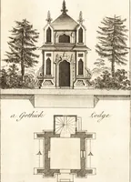 An illustration from The country gentleman's pocket companion, and builder's assistant, for rural decorative architecture : containing, thirty-two new designs, plans and elevations of alcoves, floats, temples, summer-houses, lodges, huts, grotto's, &c. in the Augustine, Gothick and Chinese taste, with proper directions annexed : also the exact estimate of their several amounts, which are from twenty-five to one hundred pounds, and most of them portable : correctly engraved on twenty-five copper plates (1753)