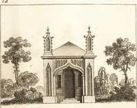 An illustration from The country gentleman's pocket companion, and builder's assistant, for rural decorative architecture : containing, thirty-two new designs, plans and elevations of alcoves, floats, temples, summer-houses, lodges, huts, grotto's, &c. in the Augustine, Gothick and Chinese taste, with proper directions annexed : also the exact estimate of their several amounts, which are from twenty-five to one hundred pounds, and most of them portable : correctly engraved on twenty-five copper plates (1753)