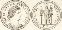 An illustration from Dissertatio de ortu et interitu Imperii Romani : qua examinatur nobilis illa, ut eam vocat merito summus Grotius, cum apud historicos, tum etiam JCtos tractata quaestio, anea, quae olim fuerint Romani Imperii, jam sint Germanici regni, propter translationem Imperii Romani in Carolum M. factam, vel an nulla translatio ejusmodi facta, sed, populo Romano eodem hodie, qui olim fuit, penes eundem quoque imperium mansisse dicendum, tanquam penes corpus, in quo esset ac viveret (1698)