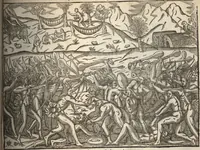 An illustration from Historia navigationis in Brasiliam quae et America dicitvr : qua describitvr avthoris navigatio, quaeque in mari vidit memoriae prodenda, Villagagnonis in America gesta : Brasiliensium victus & mores, à nostris admodum alieni, cum eorum linguae dialogo : animalia etiam, arbores atque herbae, reliquaque singularia & nobis penitus incognita (1594)