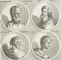 Picture 25 of 94 from Joachimi de Sandrart, à Stockau ... Academia nobilissimae artis pictoriae, sive, De veris & genuinis hujusdem proprietatibus, theorematibus, secretis atque requisitis aliis ... : unà cum artificum tam Aegyptiorum, Graecorum & Romanorum, quàm Italorum, Gallorum, Anglorum, Germanorum, Belgarum, aliorumq[ue] ... vitis atque encomiis ... : eorundemque plusquàm ducentis iconibus ... aere expressis, erecta atq[ue] publicata (1683), leaf 106