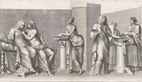 An illustration from Joachimi de Sandrart, à Stockau ... Academia nobilissimae artis pictoriae, sive, De veris & genuinis hujusdem proprietatibus, theorematibus, secretis atque requisitis aliis ... : unà cum artificum tam Aegyptiorum, Graecorum & Romanorum, quàm Italorum, Gallorum, Anglorum, Germanorum, Belgarum, aliorumq[ue] ... vitis atque encomiis ... : eorundemque plusquàm ducentis iconibus ... aere expressis, erecta atq[ue] publicata (1683)