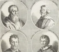 An illustration from Joachimi de Sandrart, à Stockau ... Academia nobilissimae artis pictoriae, sive, De veris & genuinis hujusdem proprietatibus, theorematibus, secretis atque requisitis aliis ... : unà cum artificum tam Aegyptiorum, Graecorum & Romanorum, quàm Italorum, Gallorum, Anglorum, Germanorum, Belgarum, aliorumq[ue] ... vitis atque encomiis ... : eorundemque plusquàm ducentis iconibus ... aere expressis, erecta atq[ue] publicata (1683)