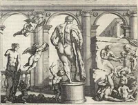 An illustration from Joachimi de Sandrart, à Stockau ... Academia nobilissimae artis pictoriae, sive, De veris & genuinis hujusdem proprietatibus, theorematibus, secretis atque requisitis aliis ... : unà cum artificum tam Aegyptiorum, Graecorum & Romanorum, quàm Italorum, Gallorum, Anglorum, Germanorum, Belgarum, aliorumq[ue] ... vitis atque encomiis ... : eorundemque plusquàm ducentis iconibus ... aere expressis, erecta atq[ue] publicata (1683)