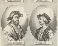 Picture 53 of 78 from Joachimi de Sandrart, à Stockau ... Academia nobilissimae artis pictoriae, sive, De veris & genuinis hujusdem proprietatibus, theorematibus, secretis atque requisitis aliis ... : unà cum artificum tam Aegyptiorum, Graecorum & Romanorum, quàm Italorum, Gallorum, Anglorum, Germanorum, Belgarum, aliorumq[ue] ... vitis atque encomiis ... : eorundemque plusquàm ducentis iconibus ... aere expressis, erecta atq[ue] publicata (1683), leaf 320