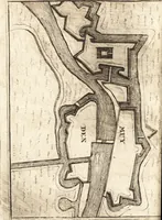 An illustration from The Netherland-historian : containing a true and exact relation of what hath passed in the late warrs between the King of Great Britain, and the French King with their allyes, against the States Generall of the United Provinces, from the beginning thereof anno. 1671 to the conclusion of peace between His aforesaid Majesty of Britain, and the said States, with the continuation of what hath since happened between France and his allyes, against the said States, and their confœderates, to the end of the year 1674 : illustrated with above 60 sculptures, being the exact delineations of the most principall fortifications in those provinces, and the pourtraictures of severall mighty princes and eminent officers (1675)