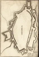An illustration from The Netherland-historian : containing a true and exact relation of what hath passed in the late warrs between the King of Great Britain, and the French King with their allyes, against the States Generall of the United Provinces, from the beginning thereof anno. 1671 to the conclusion of peace between His aforesaid Majesty of Britain, and the said States, with the continuation of what hath since happened between France and his allyes, against the said States, and their confœderates, to the end of the year 1674 : illustrated with above 60 sculptures, being the exact delineations of the most principall fortifications in those provinces, and the pourtraictures of severall mighty princes and eminent officers (1675)