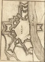 An illustration from The Netherland-historian : containing a true and exact relation of what hath passed in the late warrs between the King of Great Britain, and the French King with their allyes, against the States Generall of the United Provinces, from the beginning thereof anno. 1671 to the conclusion of peace between His aforesaid Majesty of Britain, and the said States, with the continuation of what hath since happened between France and his allyes, against the said States, and their confœderates, to the end of the year 1674 : illustrated with above 60 sculptures, being the exact delineations of the most principall fortifications in those provinces, and the pourtraictures of severall mighty princes and eminent officers (1675)