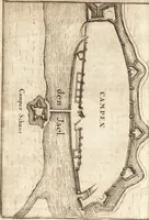 An illustration from The Netherland-historian : containing a true and exact relation of what hath passed in the late warrs between the King of Great Britain, and the French King with their allyes, against the States Generall of the United Provinces, from the beginning thereof anno. 1671 to the conclusion of peace between His aforesaid Majesty of Britain, and the said States, with the continuation of what hath since happened between France and his allyes, against the said States, and their confœderates, to the end of the year 1674 : illustrated with above 60 sculptures, being the exact delineations of the most principall fortifications in those provinces, and the pourtraictures of severall mighty princes and eminent officers (1675)