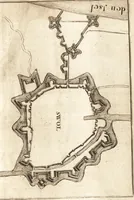 An illustration from The Netherland-historian : containing a true and exact relation of what hath passed in the late warrs between the King of Great Britain, and the French King with their allyes, against the States Generall of the United Provinces, from the beginning thereof anno. 1671 to the conclusion of peace between His aforesaid Majesty of Britain, and the said States, with the continuation of what hath since happened between France and his allyes, against the said States, and their confœderates, to the end of the year 1674 : illustrated with above 60 sculptures, being the exact delineations of the most principall fortifications in those provinces, and the pourtraictures of severall mighty princes and eminent officers (1675)