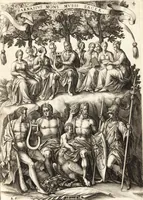 An illustration from Parnassvs cum imaginibus mvsarvm deorumq[ue] praesidum Hippocrenes : omnia depicta sunt, & distichis latinis illustrata (1601)