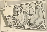 An illustration from Plans des plus beaux jardins pittoresques de France, d'Angleterre et d'Allemagne et des édifices, monumens, fabriques, etc. qui concurrent à leur embellissement, dans tous les genres d'architecture, tels que chinois, égyptien, anglais, arabe, moresque, etc. = Plans of the most beautiful picturesque gardens in France, England and Germany, and of the edifices, monuments, fabrics, etc., which contribute to their embellishment, of every kind of architecture, such as Chinese, Egyptian, English, Arabian, Moorish, etc. = Plaene der schoensten und malerischten Gaerten Frankreichs, Englands und Deutschlands ... : dédiés aux architectes et aux amateurs (1809)