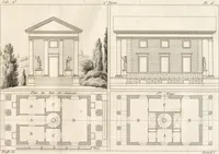 An illustration from Plans des plus beaux jardins pittoresques de France, d'Angleterre et d'Allemagne et des édifices, monumens, fabriques, etc. qui concurrent à leur embellissement, dans tous les genres d'architecture, tels que chinois, égyptien, anglais, arabe, moresque, etc. = Plans of the most beautiful picturesque gardens in France, England and Germany, and of the edifices, monuments, fabrics, etc., which contribute to their embellishment, of every kind of architecture, such as Chinese, Egyptian, English, Arabian, Moorish, etc. = Plaene der schoensten und malerischten Gaerten Frankreichs, Englands und Deutschlands ... : dédiés aux architectes et aux amateurs (1809)