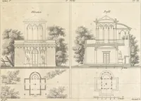 An illustration from Plans des plus beaux jardins pittoresques de France, d'Angleterre et d'Allemagne et des édifices, monumens, fabriques, etc. qui concurrent à leur embellissement, dans tous les genres d'architecture, tels que chinois, égyptien, anglais, arabe, moresque, etc. = Plans of the most beautiful picturesque gardens in France, England and Germany, and of the edifices, monuments, fabrics, etc., which contribute to their embellishment, of every kind of architecture, such as Chinese, Egyptian, English, Arabian, Moorish, etc. = Plaene der schoensten und malerischten Gaerten Frankreichs, Englands und Deutschlands ... : dédiés aux architectes et aux amateurs (1809)