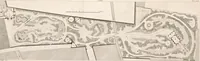 An illustration from Plans des plus beaux jardins pittoresques de France, d'Angleterre et d'Allemagne et des édifices, monumens, fabriques, etc. qui concurrent à leur embellissement, dans tous les genres d'architecture, tels que chinois, égyptien, anglais, arabe, moresque, etc. = Plans of the most beautiful picturesque gardens in France, England and Germany, and of the edifices, monuments, fabrics, etc., which contribute to their embellishment, of every kind of architecture, such as Chinese, Egyptian, English, Arabian, Moorish, etc. = Plaene der schoensten und malerischten Gaerten Frankreichs, Englands und Deutschlands ... : dédiés aux architectes et aux amateurs (1809)