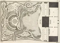 An illustration from Plans des plus beaux jardins pittoresques de France, d'Angleterre et d'Allemagne et des édifices, monumens, fabriques, etc. qui concurrent à leur embellissement, dans tous les genres d'architecture, tels que chinois, égyptien, anglais, arabe, moresque, etc. = Plans of the most beautiful picturesque gardens in France, England and Germany, and of the edifices, monuments, fabrics, etc., which contribute to their embellishment, of every kind of architecture, such as Chinese, Egyptian, English, Arabian, Moorish, etc. = Plaene der schoensten und malerischten Gaerten Frankreichs, Englands und Deutschlands ... : dédiés aux architectes et aux amateurs (1809)