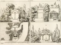 An illustration from Plans des plus beaux jardins pittoresques de France, d'Angleterre et d'Allemagne et des édifices, monumens, fabriques, etc. qui concurrent à leur embellissement, dans tous les genres d'architecture, tels que chinois, égyptien, anglais, arabe, moresque, etc. = Plans of the most beautiful picturesque gardens in France, England and Germany, and of the edifices, monuments, fabrics, etc., which contribute to their embellishment, of every kind of architecture, such as Chinese, Egyptian, English, Arabian, Moorish, etc. = Plaene der schoensten und malerischten Gaerten Frankreichs, Englands und Deutschlands ... : dédiés aux architectes et aux amateurs (1809)