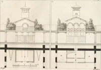 An illustration from Plans des plus beaux jardins pittoresques de France, d'Angleterre et d'Allemagne et des édifices, monumens, fabriques, etc. qui concurrent à leur embellissement, dans tous les genres d'architecture, tels que chinois, égyptien, anglais, arabe, moresque, etc. = Plans of the most beautiful picturesque gardens in France, England and Germany, and of the edifices, monuments, fabrics, etc., which contribute to their embellishment, of every kind of architecture, such as Chinese, Egyptian, English, Arabian, Moorish, etc. = Plaene der schoensten und malerischten Gaerten Frankreichs, Englands und Deutschlands ... : dédiés aux architectes et aux amateurs (1809)
