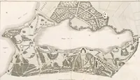 An illustration from Plans des plus beaux jardins pittoresques de France, d'Angleterre et d'Allemagne et des édifices, monumens, fabriques, etc. qui concurrent à leur embellissement, dans tous les genres d'architecture, tels que chinois, égyptien, anglais, arabe, moresque, etc. = Plans of the most beautiful picturesque gardens in France, England and Germany, and of the edifices, monuments, fabrics, etc., which contribute to their embellishment, of every kind of architecture, such as Chinese, Egyptian, English, Arabian, Moorish, etc. = Plaene der schoensten und malerischten Gaerten Frankreichs, Englands und Deutschlands ... : dédiés aux architectes et aux amateurs (1809)