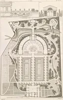 An illustration from Plans des plus beaux jardins pittoresques de France, d'Angleterre et d'Allemagne et des édifices, monumens, fabriques, etc. qui concurrent à leur embellissement, dans tous les genres d'architecture, tels que chinois, égyptien, anglais, arabe, moresque, etc. = Plans of the most beautiful picturesque gardens in France, England and Germany, and of the edifices, monuments, fabrics, etc., which contribute to their embellishment, of every kind of architecture, such as Chinese, Egyptian, English, Arabian, Moorish, etc. = Plaene der schoensten und malerischten Gaerten Frankreichs, Englands und Deutschlands ... : dédiés aux architectes et aux amateurs (1809)
