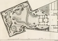 An illustration from Plans des plus beaux jardins pittoresques de France, d'Angleterre et d'Allemagne et des édifices, monumens, fabriques, etc. qui concurrent à leur embellissement, dans tous les genres d'architecture, tels que chinois, égyptien, anglais, arabe, moresque, etc. = Plans of the most beautiful picturesque gardens in France, England and Germany, and of the edifices, monuments, fabrics, etc., which contribute to their embellishment, of every kind of architecture, such as Chinese, Egyptian, English, Arabian, Moorish, etc. = Plaene der schoensten und malerischten Gaerten Frankreichs, Englands und Deutschlands ... : dédiés aux architectes et aux amateurs (1809)