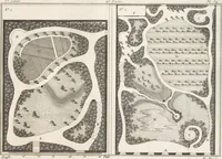 An illustration from Plans des plus beaux jardins pittoresques de France, d'Angleterre et d'Allemagne et des édifices, monumens, fabriques, etc. qui concurrent à leur embellissement, dans tous les genres d'architecture, tels que chinois, égyptien, anglais, arabe, moresque, etc. = Plans of the most beautiful picturesque gardens in France, England and Germany, and of the edifices, monuments, fabrics, etc., which contribute to their embellishment, of every kind of architecture, such as Chinese, Egyptian, English, Arabian, Moorish, etc. = Plaene der schoensten und malerischten Gaerten Frankreichs, Englands und Deutschlands ... : dédiés aux architectes et aux amateurs (1809)
