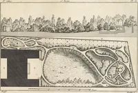 An illustration from Plans des plus beaux jardins pittoresques de France, d'Angleterre et d'Allemagne et des édifices, monumens, fabriques, etc. qui concurrent à leur embellissement, dans tous les genres d'architecture, tels que chinois, égyptien, anglais, arabe, moresque, etc. = Plans of the most beautiful picturesque gardens in France, England and Germany, and of the edifices, monuments, fabrics, etc., which contribute to their embellishment, of every kind of architecture, such as Chinese, Egyptian, English, Arabian, Moorish, etc. = Plaene der schoensten und malerischten Gaerten Frankreichs, Englands und Deutschlands ... : dédiés aux architectes et aux amateurs (1809)