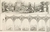 An illustration from Plans des plus beaux jardins pittoresques de France, d'Angleterre et d'Allemagne et des édifices, monumens, fabriques, etc. qui concurrent à leur embellissement, dans tous les genres d'architecture, tels que chinois, égyptien, anglais, arabe, moresque, etc. = Plans of the most beautiful picturesque gardens in France, England and Germany, and of the edifices, monuments, fabrics, etc., which contribute to their embellishment, of every kind of architecture, such as Chinese, Egyptian, English, Arabian, Moorish, etc. = Plaene der schoensten und malerischten Gaerten Frankreichs, Englands und Deutschlands ... : dédiés aux architectes et aux amateurs (1809)