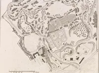 An illustration from Plans des plus beaux jardins pittoresques de France, d'Angleterre et d'Allemagne et des édifices, monumens, fabriques, etc. qui concurrent à leur embellissement, dans tous les genres d'architecture, tels que chinois, égyptien, anglais, arabe, moresque, etc. = Plans of the most beautiful picturesque gardens in France, England and Germany, and of the edifices, monuments, fabrics, etc., which contribute to their embellishment, of every kind of architecture, such as Chinese, Egyptian, English, Arabian, Moorish, etc. = Plaene der schoensten und malerischten Gaerten Frankreichs, Englands und Deutschlands ... : dédiés aux architectes et aux amateurs (1809)