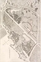 An illustration from Plans des plus beaux jardins pittoresques de France, d'Angleterre et d'Allemagne et des édifices, monumens, fabriques, etc. qui concurrent à leur embellissement, dans tous les genres d'architecture, tels que chinois, égyptien, anglais, arabe, moresque, etc. = Plans of the most beautiful picturesque gardens in France, England and Germany, and of the edifices, monuments, fabrics, etc., which contribute to their embellishment, of every kind of architecture, such as Chinese, Egyptian, English, Arabian, Moorish, etc. = Plaene der schoensten und malerischten Gaerten Frankreichs, Englands und Deutschlands ... : dédiés aux architectes et aux amateurs (1809)