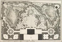 An illustration from Plans des plus beaux jardins pittoresques de France, d'Angleterre et d'Allemagne et des édifices, monumens, fabriques, etc. qui concurrent à leur embellissement, dans tous les genres d'architecture, tels que chinois, égyptien, anglais, arabe, moresque, etc. = Plans of the most beautiful picturesque gardens in France, England and Germany, and of the edifices, monuments, fabrics, etc., which contribute to their embellishment, of every kind of architecture, such as Chinese, Egyptian, English, Arabian, Moorish, etc. = Plaene der schoensten und malerischten Gaerten Frankreichs, Englands und Deutschlands ... : dédiés aux architectes et aux amateurs (1809)