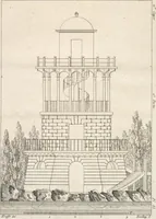 An illustration from Plans des plus beaux jardins pittoresques de France, d'Angleterre et d'Allemagne et des édifices, monumens, fabriques, etc. qui concurrent à leur embellissement, dans tous les genres d'architecture, tels que chinois, égyptien, anglais, arabe, moresque, etc. = Plans of the most beautiful picturesque gardens in France, England and Germany, and of the edifices, monuments, fabrics, etc., which contribute to their embellishment, of every kind of architecture, such as Chinese, Egyptian, English, Arabian, Moorish, etc. = Plaene der schoensten und malerischten Gaerten Frankreichs, Englands und Deutschlands ... : dédiés aux architectes et aux amateurs (1809)