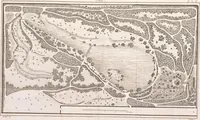 An illustration from Plans des plus beaux jardins pittoresques de France, d'Angleterre et d'Allemagne et des édifices, monumens, fabriques, etc. qui concurrent à leur embellissement, dans tous les genres d'architecture, tels que chinois, égyptien, anglais, arabe, moresque, etc. = Plans of the most beautiful picturesque gardens in France, England and Germany, and of the edifices, monuments, fabrics, etc., which contribute to their embellishment, of every kind of architecture, such as Chinese, Egyptian, English, Arabian, Moorish, etc. = Plaene der schoensten und malerischten Gaerten Frankreichs, Englands und Deutschlands ... : dédiés aux architectes et aux amateurs (1809)