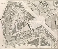 An illustration from Plans des plus beaux jardins pittoresques de France, d'Angleterre et d'Allemagne et des édifices, monumens, fabriques, etc. qui concurrent à leur embellissement, dans tous les genres d'architecture, tels que chinois, égyptien, anglais, arabe, moresque, etc. = Plans of the most beautiful picturesque gardens in France, England and Germany, and of the edifices, monuments, fabrics, etc., which contribute to their embellishment, of every kind of architecture, such as Chinese, Egyptian, English, Arabian, Moorish, etc. = Plaene der schoensten und malerischten Gaerten Frankreichs, Englands und Deutschlands ... : dédiés aux architectes et aux amateurs (1809)