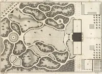 An illustration from Plans des plus beaux jardins pittoresques de France, d'Angleterre et d'Allemagne et des édifices, monumens, fabriques, etc. qui concurrent à leur embellissement, dans tous les genres d'architecture, tels que chinois, égyptien, anglais, arabe, moresque, etc. = Plans of the most beautiful picturesque gardens in France, England and Germany, and of the edifices, monuments, fabrics, etc., which contribute to their embellishment, of every kind of architecture, such as Chinese, Egyptian, English, Arabian, Moorish, etc. = Plaene der schoensten und malerischten Gaerten Frankreichs, Englands und Deutschlands ... : dédiés aux architectes et aux amateurs (1809)
