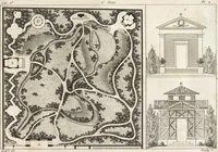 An illustration from Plans des plus beaux jardins pittoresques de France, d'Angleterre et d'Allemagne et des édifices, monumens, fabriques, etc. qui concurrent à leur embellissement, dans tous les genres d'architecture, tels que chinois, égyptien, anglais, arabe, moresque, etc. = Plans of the most beautiful picturesque gardens in France, England and Germany, and of the edifices, monuments, fabrics, etc., which contribute to their embellishment, of every kind of architecture, such as Chinese, Egyptian, English, Arabian, Moorish, etc. = Plaene der schoensten und malerischten Gaerten Frankreichs, Englands und Deutschlands ... : dédiés aux architectes et aux amateurs (1809)