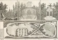 An illustration from Plans des plus beaux jardins pittoresques de France, d'Angleterre et d'Allemagne et des édifices, monumens, fabriques, etc. qui concurrent à leur embellissement, dans tous les genres d'architecture, tels que chinois, égyptien, anglais, arabe, moresque, etc. = Plans of the most beautiful picturesque gardens in France, England and Germany, and of the edifices, monuments, fabrics, etc., which contribute to their embellishment, of every kind of architecture, such as Chinese, Egyptian, English, Arabian, Moorish, etc. = Plaene der schoensten und malerischten Gaerten Frankreichs, Englands und Deutschlands ... : dédiés aux architectes et aux amateurs (1809)