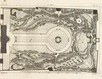 An illustration from Plans des plus beaux jardins pittoresques de France, d'Angleterre et d'Allemagne et des édifices, monumens, fabriques, etc. qui concurrent à leur embellissement, dans tous les genres d'architecture, tels que chinois, égyptien, anglais, arabe, moresque, etc. = Plans of the most beautiful picturesque gardens in France, England and Germany, and of the edifices, monuments, fabrics, etc., which contribute to their embellishment, of every kind of architecture, such as Chinese, Egyptian, English, Arabian, Moorish, etc. = Plaene der schoensten und malerischten Gaerten Frankreichs, Englands und Deutschlands ... : dédiés aux architectes et aux amateurs (1809)
