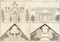 An illustration from Plans des plus beaux jardins pittoresques de France, d'Angleterre et d'Allemagne et des édifices, monumens, fabriques, etc. qui concurrent à leur embellissement, dans tous les genres d'architecture, tels que chinois, égyptien, anglais, arabe, moresque, etc. = Plans of the most beautiful picturesque gardens in France, England and Germany, and of the edifices, monuments, fabrics, etc., which contribute to their embellishment, of every kind of architecture, such as Chinese, Egyptian, English, Arabian, Moorish, etc. = Plaene der schoensten und malerischten Gaerten Frankreichs, Englands und Deutschlands ... : dédiés aux architectes et aux amateurs (1809)