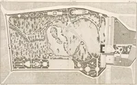 An illustration from Plans des plus beaux jardins pittoresques de France, d'Angleterre et d'Allemagne et des édifices, monumens, fabriques, etc. qui concurrent à leur embellissement, dans tous les genres d'architecture, tels que chinois, égyptien, anglais, arabe, moresque, etc. = Plans of the most beautiful picturesque gardens in France, England and Germany, and of the edifices, monuments, fabrics, etc., which contribute to their embellishment, of every kind of architecture, such as Chinese, Egyptian, English, Arabian, Moorish, etc. = Plaene der schoensten und malerischten Gaerten Frankreichs, Englands und Deutschlands ... : dédiés aux architectes et aux amateurs (1809)