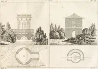 An illustration from Plans des plus beaux jardins pittoresques de France, d'Angleterre et d'Allemagne et des édifices, monumens, fabriques, etc. qui concurrent à leur embellissement, dans tous les genres d'architecture, tels que chinois, égyptien, anglais, arabe, moresque, etc. = Plans of the most beautiful picturesque gardens in France, England and Germany, and of the edifices, monuments, fabrics, etc., which contribute to their embellishment, of every kind of architecture, such as Chinese, Egyptian, English, Arabian, Moorish, etc. = Plaene der schoensten und malerischten Gaerten Frankreichs, Englands und Deutschlands ... : dédiés aux architectes et aux amateurs (1809)