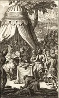 An illustration from Q. Curtius Rufus De rebus gestis Alexandri Magni : cum commentariis Raderi, Bongarsii, Popmae, Salmaaii, Gronovii, Loccenii & Freinshemii : hujusque & vetustioribus supplementis, nec non locorum difficiliorum interpretatione, & indice philologico locupletissimo rerum & verborum : accedunt figurae aeneae ad historiam Alexandri Magni apud curtium illustrandam necessariae (1696)