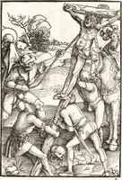 An illustration from Speculum passionis Domini Nostri Ihesu Christi : in quo relucẽt hec omnia singulariter vere & absolute, puta omnis p[er]fectio yerarchie, omniũ fidelium beatitudo, omnes virtutes, dona, fructus, et spiritualiũ bonorũ omnium efficacia, quod in fine prime partis huius speculi manifestissime cõprobat̃ (1507)