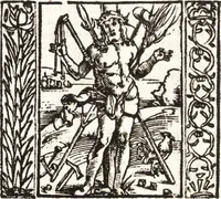 An illustration from Speculum passionis Domini Nostri Ihesu Christi : in quo relucẽt hec omnia singulariter vere & absolute, puta omnis p[er]fectio yerarchie, omniũ fidelium beatitudo, omnes virtutes, dona, fructus, et spiritualiũ bonorũ omnium efficacia, quod in fine prime partis huius speculi manifestissime cõprobat̃ (1507)