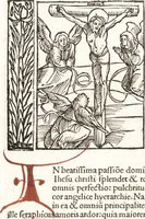 An illustration from Speculum passionis Domini Nostri Ihesu Christi : in quo relucẽt hec omnia singulariter vere & absolute, puta omnis p[er]fectio yerarchie, omniũ fidelium beatitudo, omnes virtutes, dona, fructus, et spiritualiũ bonorũ omnium efficacia, quod in fine prime partis huius speculi manifestissime cõprobat̃ (1507)