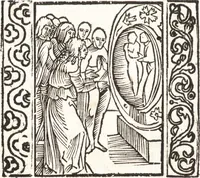 An illustration from Speculum passionis Domini Nostri Ihesu Christi : in quo relucẽt hec omnia singulariter vere & absolute, puta omnis p[er]fectio yerarchie, omniũ fidelium beatitudo, omnes virtutes, dona, fructus, et spiritualiũ bonorũ omnium efficacia, quod in fine prime partis huius speculi manifestissime cõprobat̃ (1507)