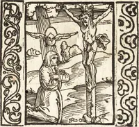 An illustration from Speculum passionis Domini Nostri Ihesu Christi : in quo relucẽt hec omnia singulariter vere & absolute, puta omnis p[er]fectio yerarchie, omniũ fidelium beatitudo, omnes virtutes, dona, fructus, et spiritualiũ bonorũ omnium efficacia, quod in fine prime partis huius speculi manifestissime cõprobat̃ (1507)